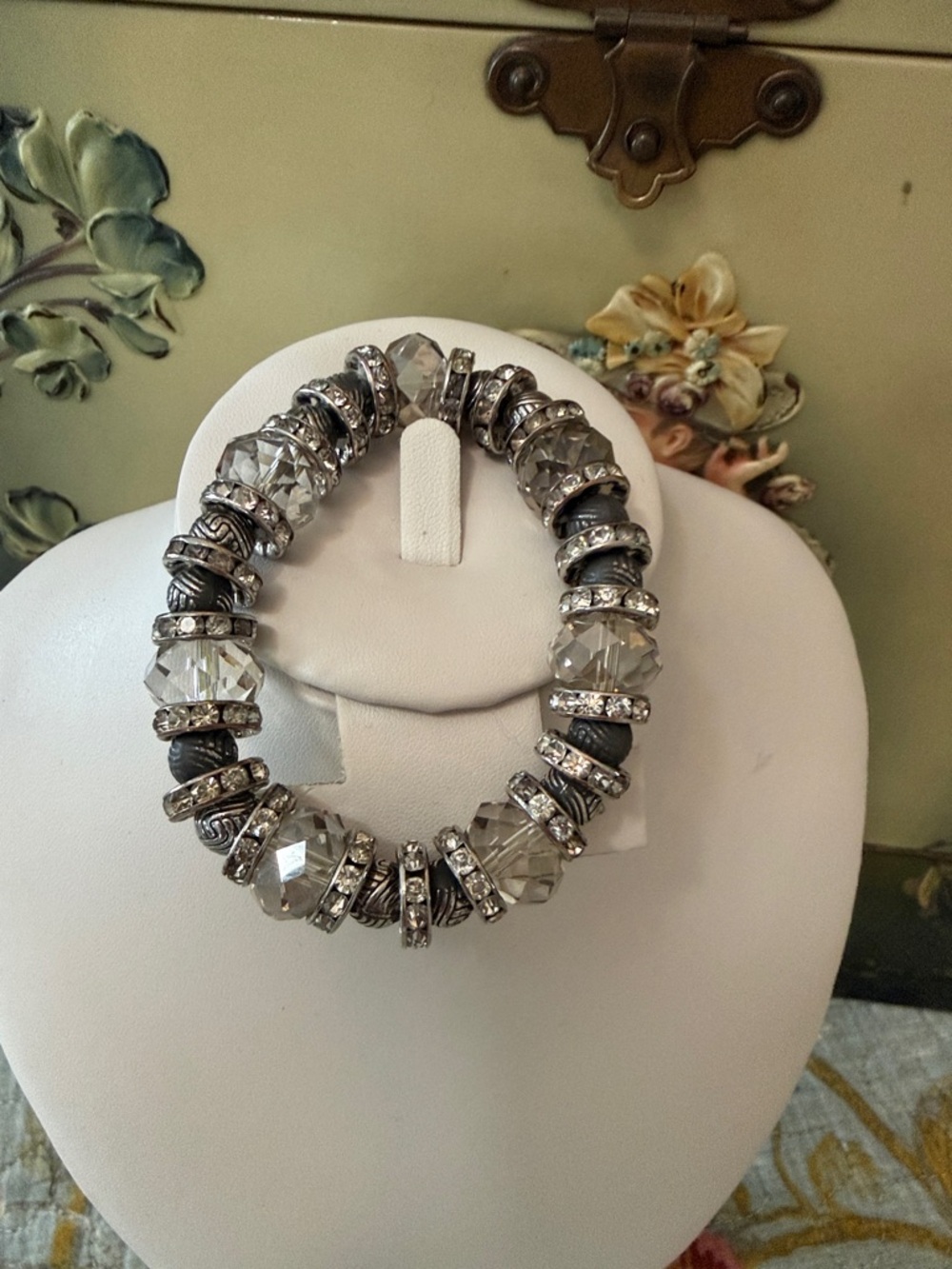Crystal and Silver Stretch Bracelet - Clear Crystal Accents